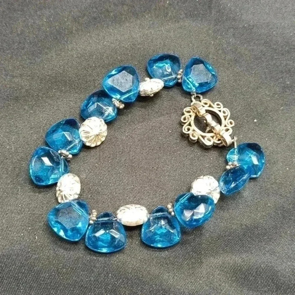 Sterling Silver and Blue Glass Heart Bead Bracelet - Picture 1 of 2